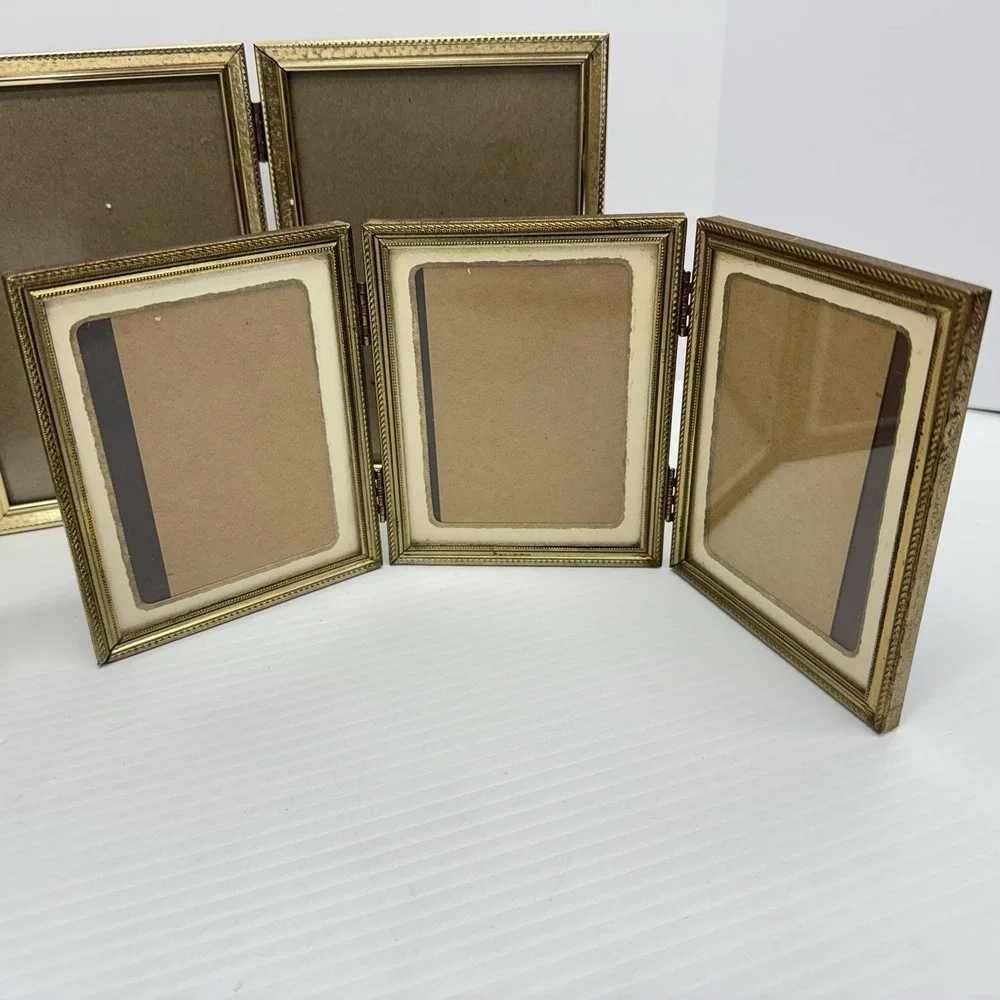 Lot of 4 VTG MCM Bifold Picture Frame Set 5x7 Brass Gold Tone Hinged Double